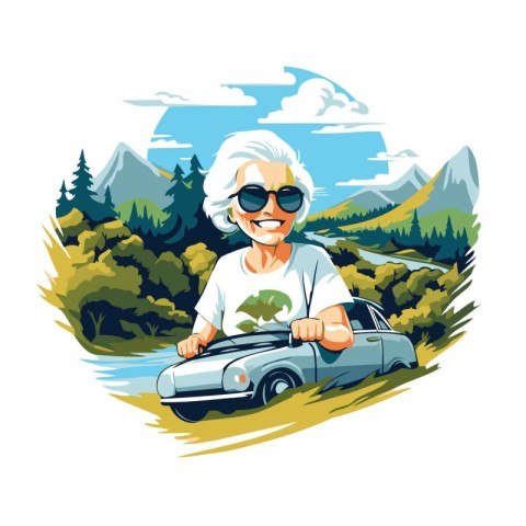 Elderly woman driving a car in the mountains. Vector illustratio