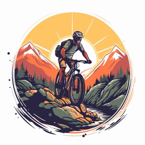 Mountain biker riding on the road in the mountains. vector illus