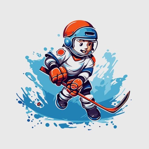 Ice hockey player with the stick and puck on the ice. Vector ill