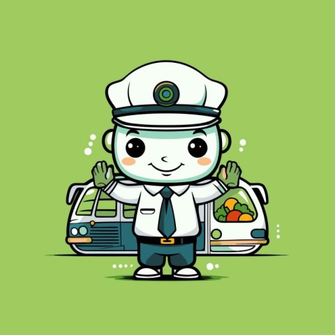 Cute Cartoon Police Officer with Car and Food. Vector Illustrati