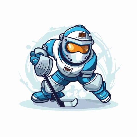 Astronaut cartoon mascot with ice hockey stick. Vector illustrat