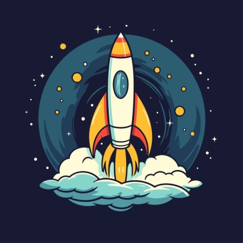 Rocket launch in the space. Vector illustration. Cartoon style.