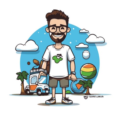 Hipster man cartoon with summer vacation icon vector illustratio