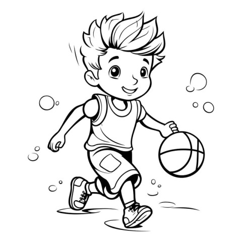 Illustration of a Little Boy Playing Basketball - Coloring Book