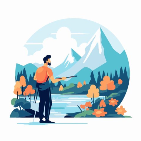 Hiking man with sticks in the mountains. Flat vector illustratio