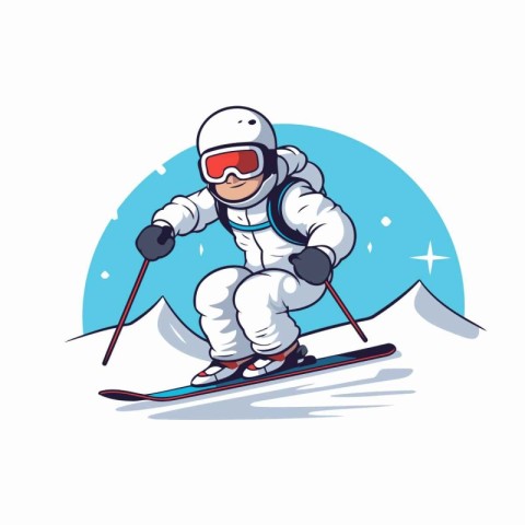 Skiing in the mountains. Cartoon skier vector illustration.