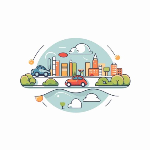 City landscape with buildings and cars. Vector illustration in f