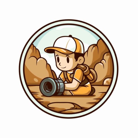 Hiker boy with binoculars in the mountains. Vector illustration