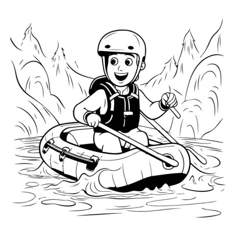 Cartoon illustration of boy paddling a kayak on the river