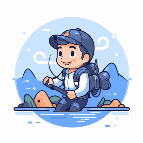 Cute boy with backpack on the beach. Vector illustration in cart