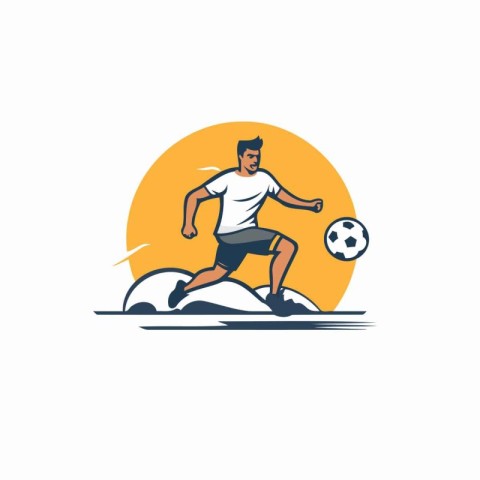 Soccer player with ball on the field. Flat style vector illustra