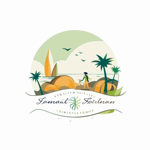 Vacation and travel logo with palm trees and bird. Vector illust