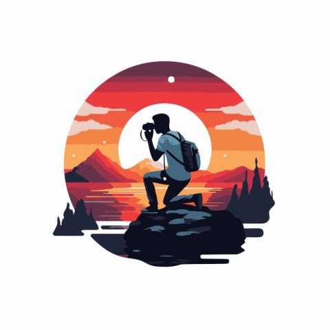 Hiker with backpack and binoculars at sunset. Vector illustratio