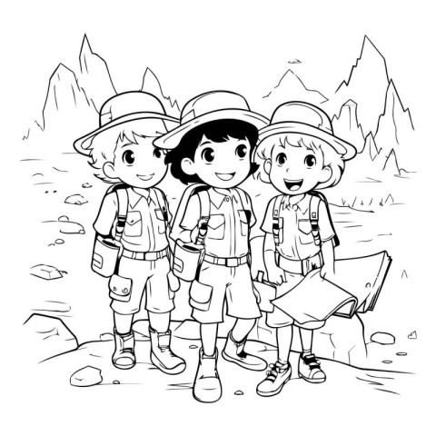 Trekking kids with backpacks and map vector illustration graphic