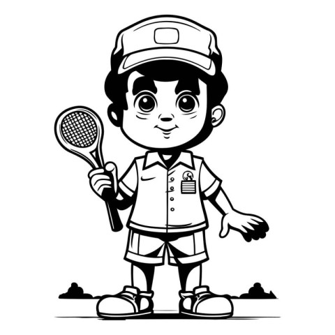 Tennis Player - Black and White Cartoon Mascot Illustration