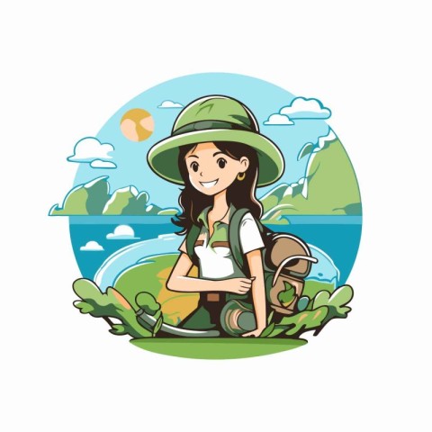 Illustration of a girl hiker with a backpack sitting on a bicycl