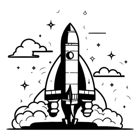 Space rocket with clouds and stars. Vector illustration in black