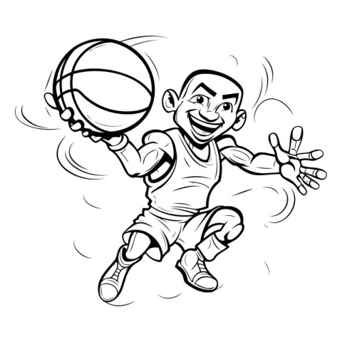 Basketball Player with Ball - Black and White Cartoon Vector Ill