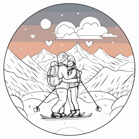 Vector illustration of a woman and a man hiking in the mountains