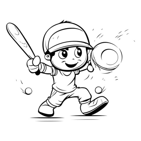 Cartoon illustration of Cute Little Boy Playing Baseball - Color