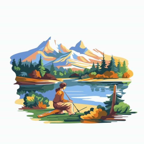 Vector illustration of a man sitting in a canoe on a lake.