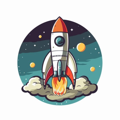 Rocket launch in space. Vector illustration in cartoon style on