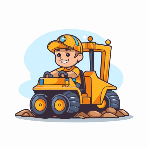 Cute little boy in a construction helmet driving a tractor. Vect