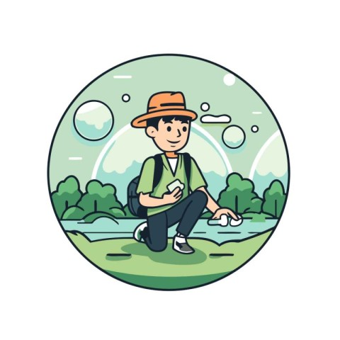 Fisherman in the park. Vector illustration in cartoon style.