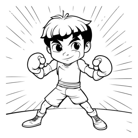 Cartoon boxer boy illustration. Black and white vector clip art.