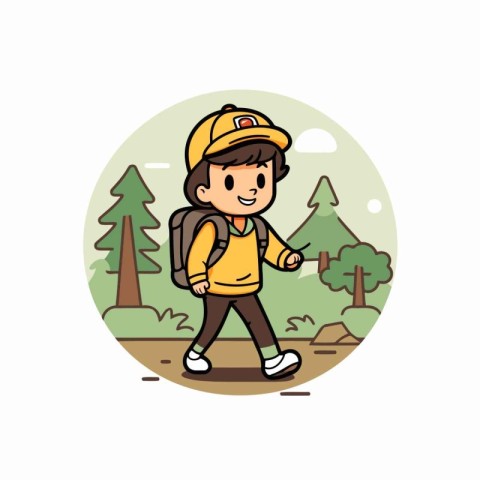 Vector illustration of a boy hiking in the woods. Cartoon charac