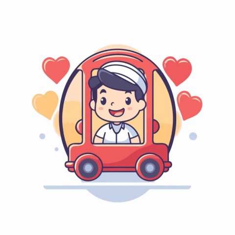 Cute boy driving a toy car with hearts around him. Vector illust