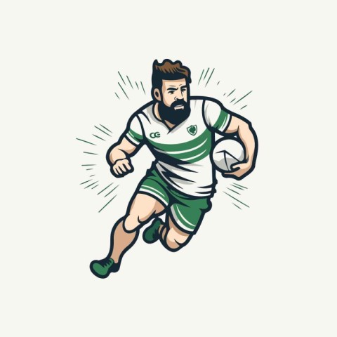 Rugby player with a beard running with ball. Vector illustration