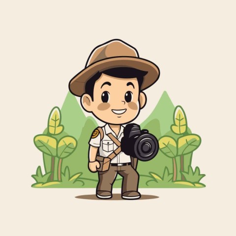 Cute boy with camera on nature background. Vector cartoon illust