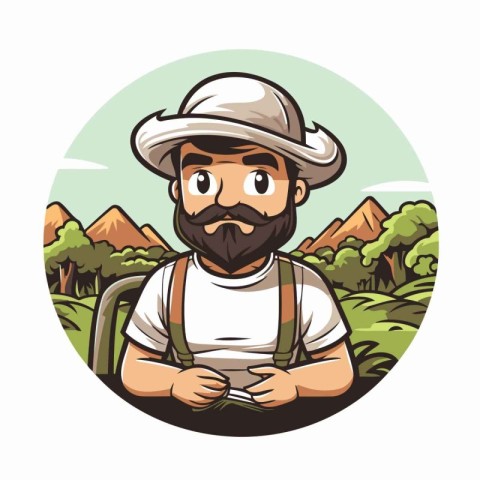 Hipster man with backpack and map in the nature. Vector illustra