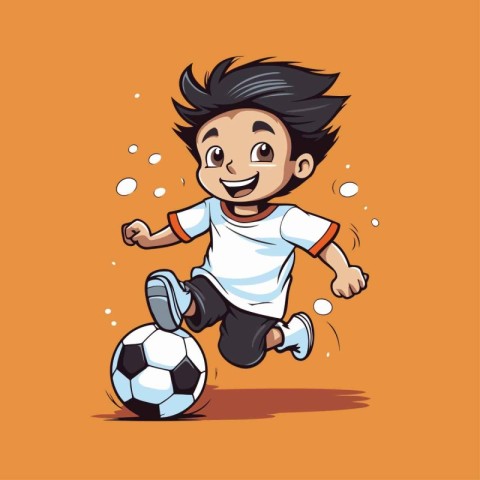 Cartoon soccer player with ball on orange background. Vector ill