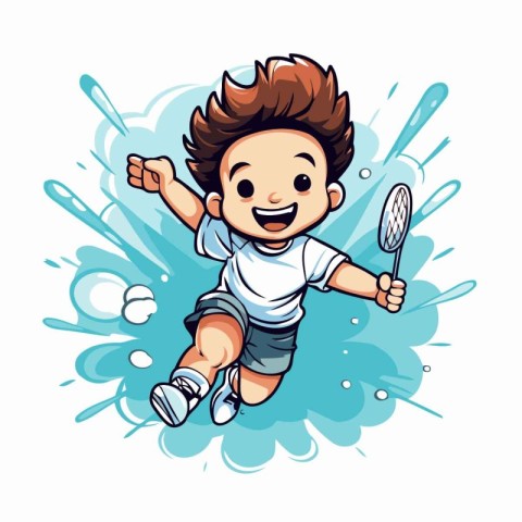 Boy playing badminton with racket and ball. Vector illustration.