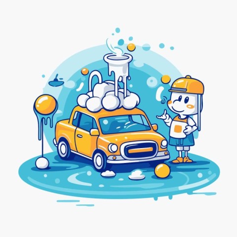 Cartoon boy washing car in the rain. Vector illustration for you