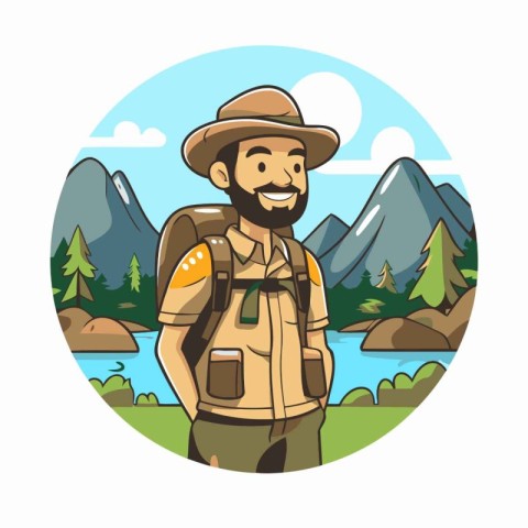 Hiking man with backpack in the mountains. Vector illustration i