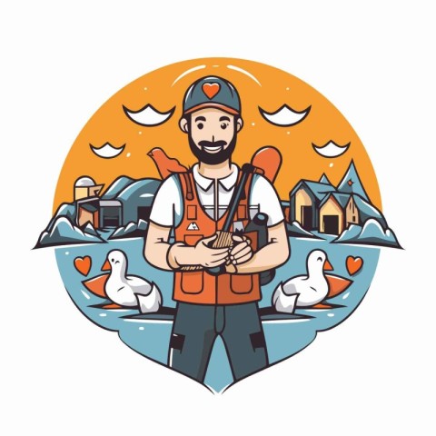 Vector illustration of a fisherman with a fishing rod in his han