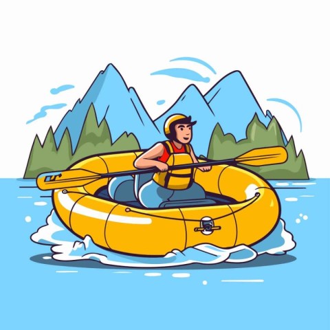 Man kayaking on the lake. Vector illustration in cartoon style.