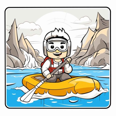 Cartoon illustration of a man paddling a kayak on a lake