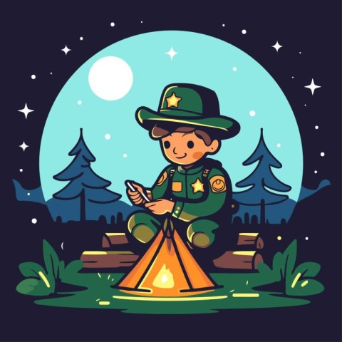 Little boy scout sitting near bonfire. Camping at night. Vector