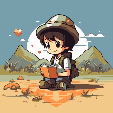 Cute little explorer boy with a map in his hand. Vector illustra