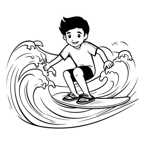 Boy surfing on wave. Black and white vector illustration for col