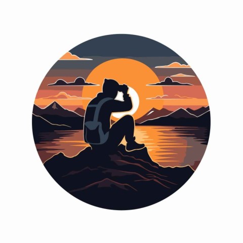 Hiking backpacker at sunset. Vector illustration in retro style.