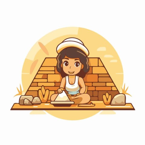 Cute little girl playing with clay in front of pyramids. Vector