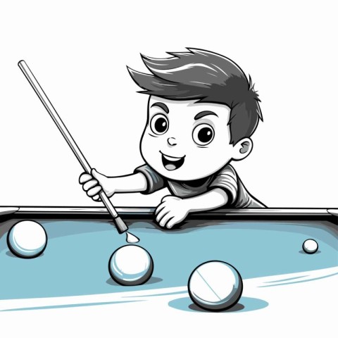 Cartoon boy playing billiards. Vector clip art illustration.