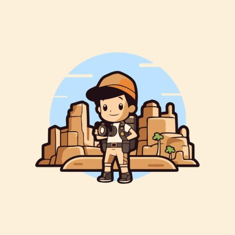 Cute boy with backpack and camera in the mountains. Vector illus