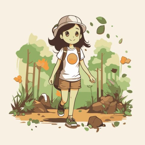 Girl with backpack and hat walking in the forest. Vector illustr