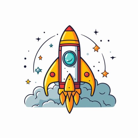 Space rocket icon in flat line style. Vector illustration on whi